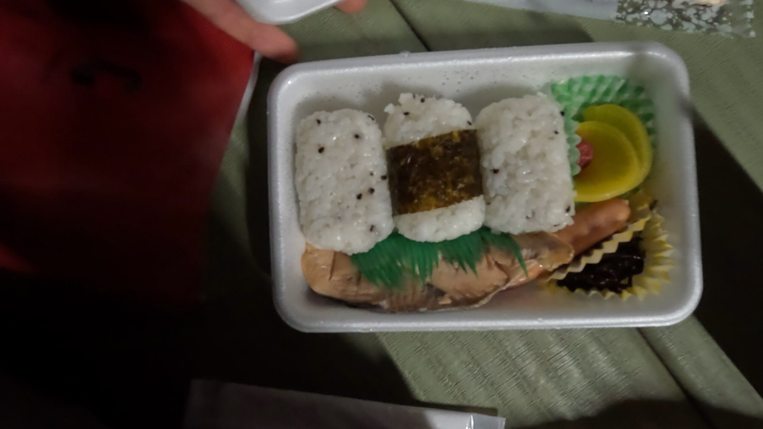 富士山御來光館住宿心得｜便當也沒在馬虎的，是日式飯糰、一大塊鮭魚、兩樣小菜