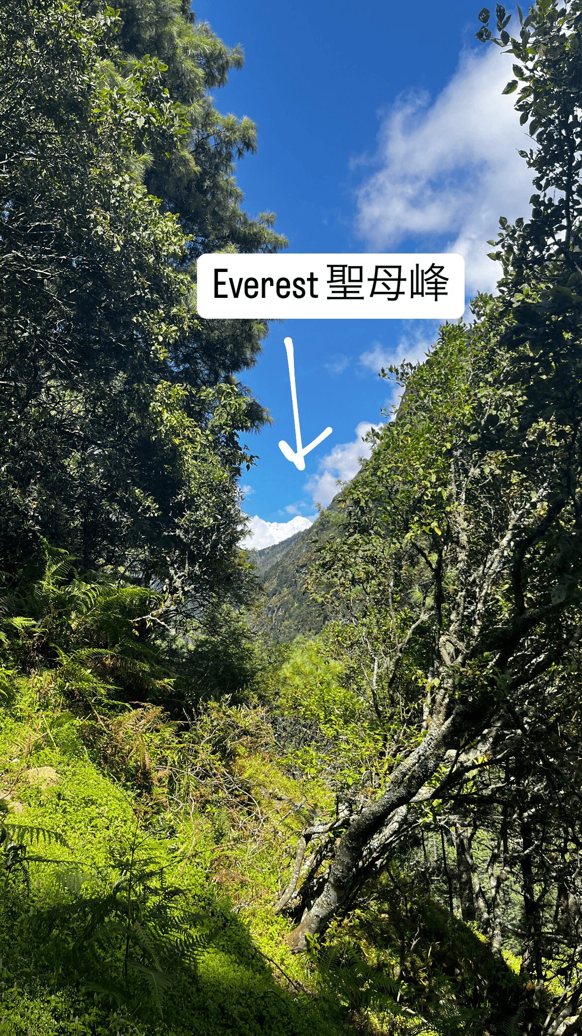 過橋走一段路之後可以從山的縫隙中看到聖母峰