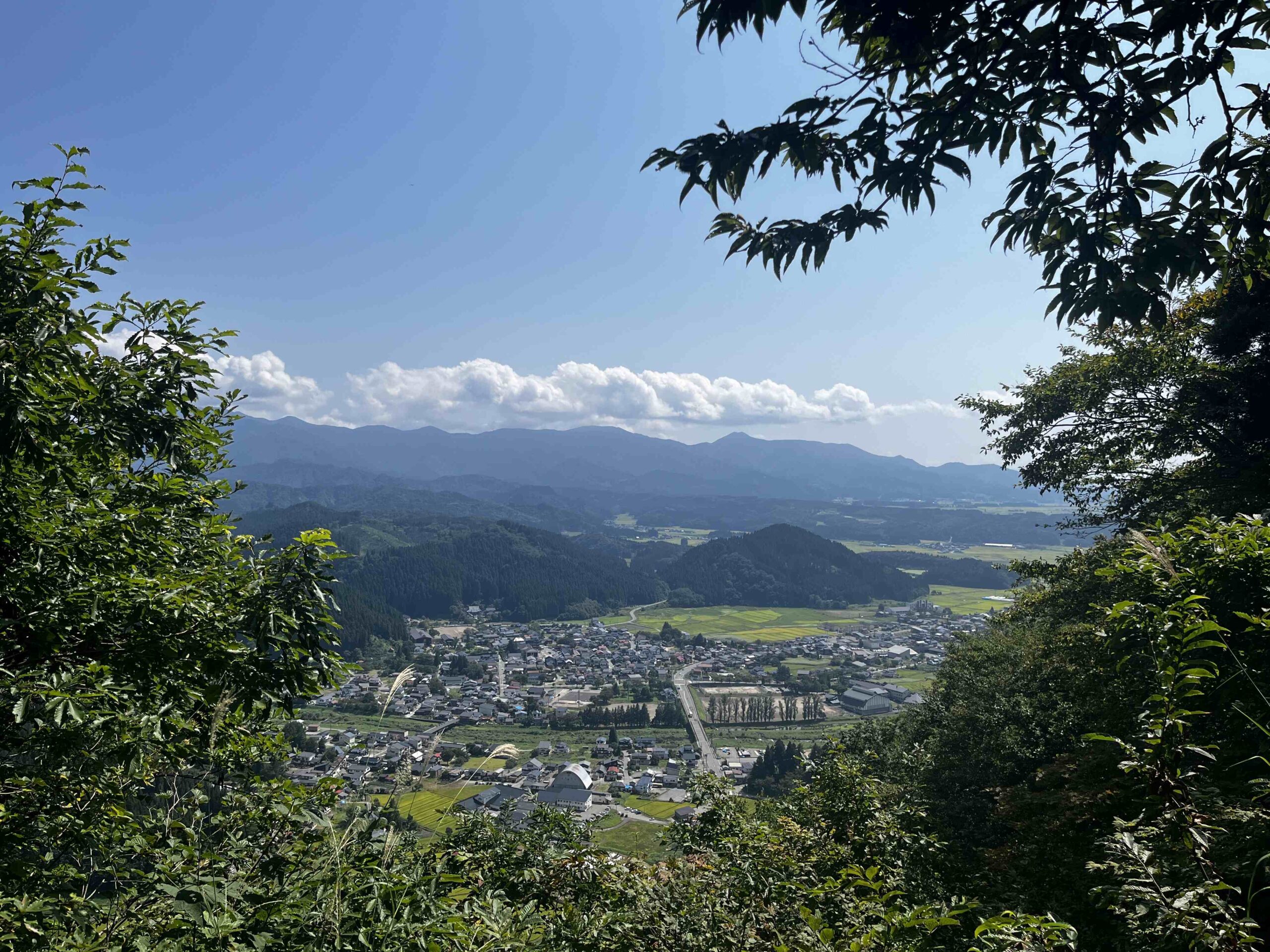 當地人帶路來到金山三峰之一:藥師山!我們應該是第一組登頂的外國人?|2024山形縣金山町微住 1 從藥師山頂望去,金山町的景色一覽無遺
