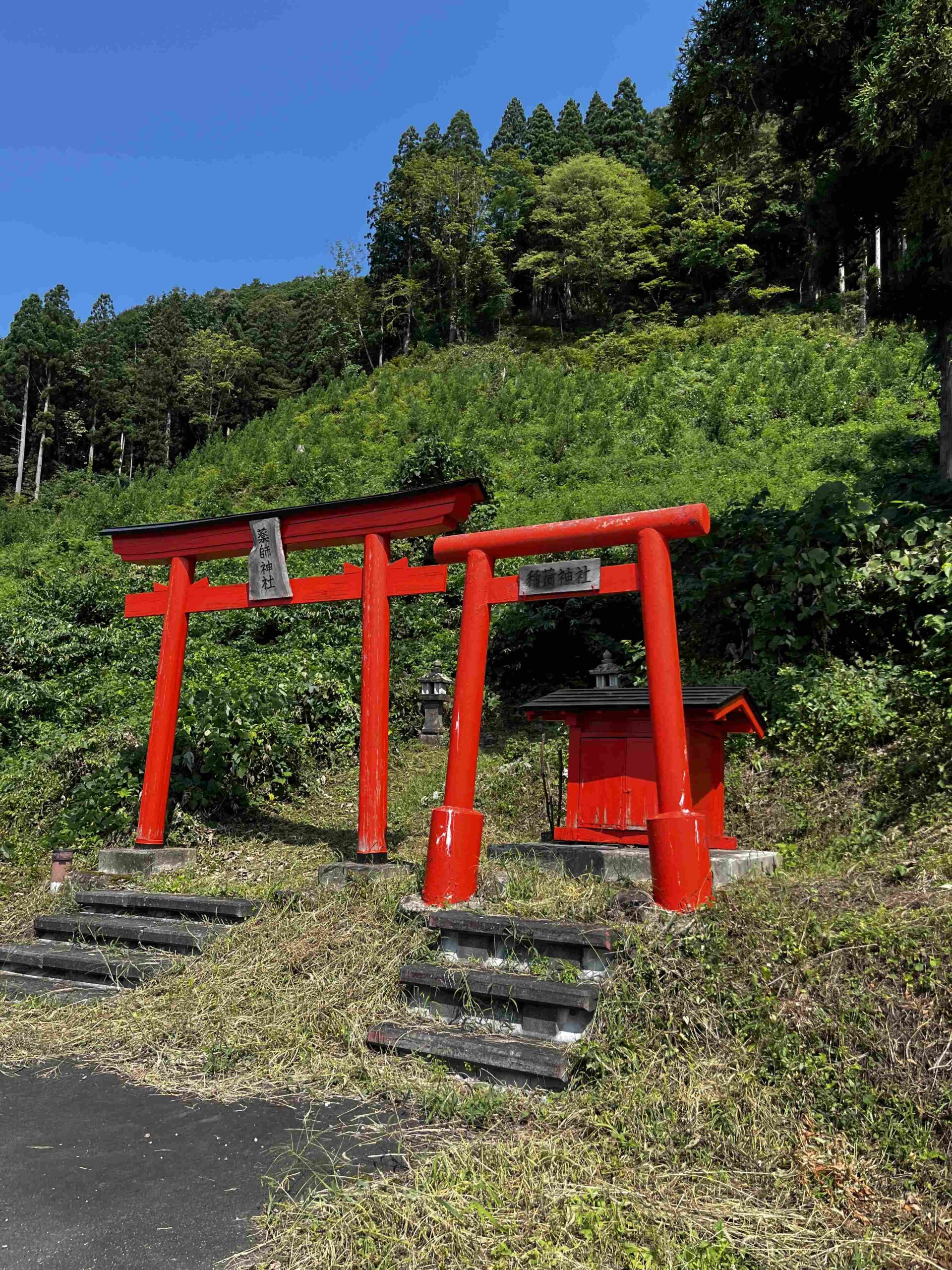 當地人帶路來到金山三峰之一:藥師山!我們應該是第一組登頂的外國人?|2024山形縣金山町微住 3 藥師山的登山入口是這兩個鳥居