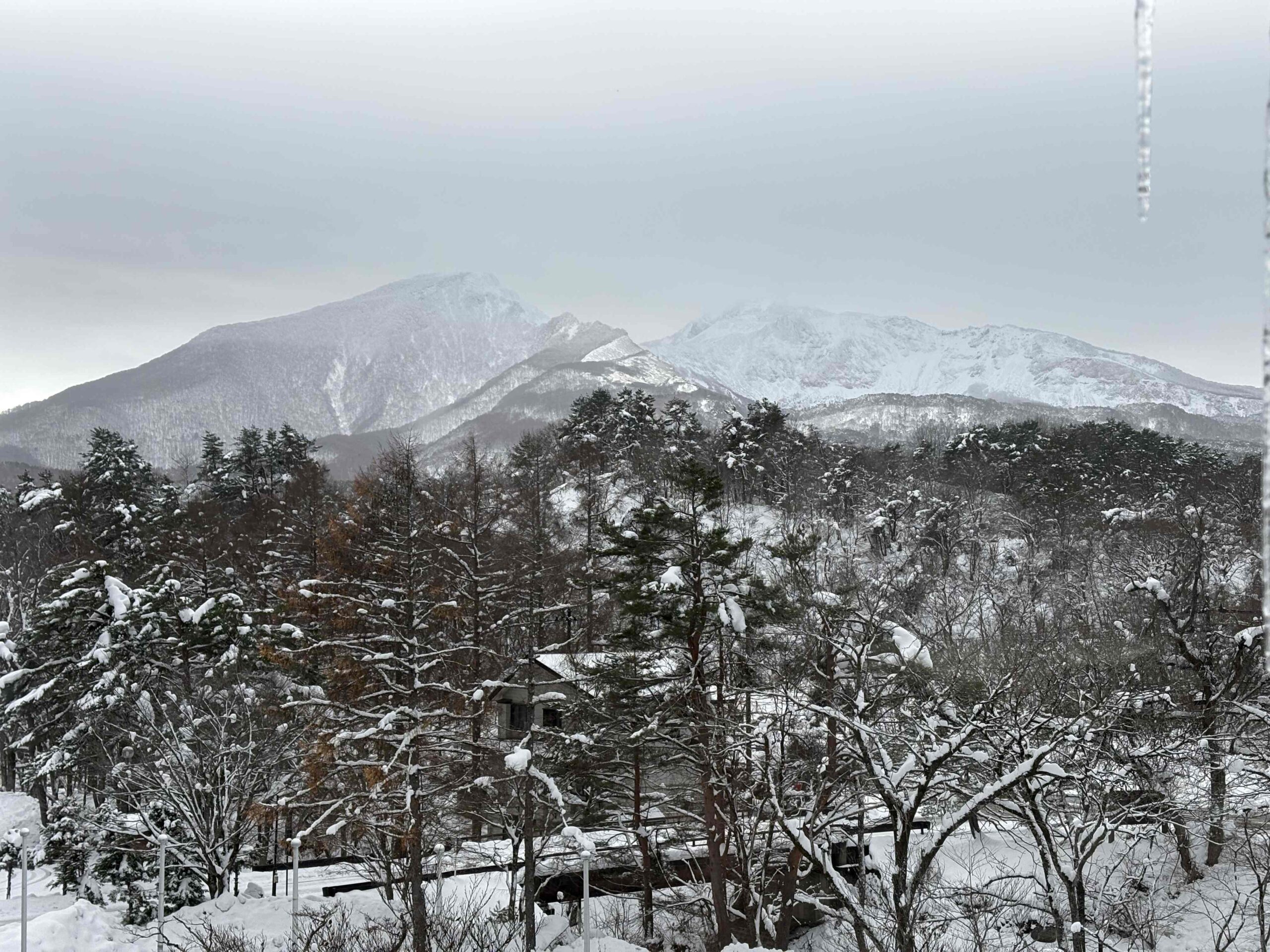 房間可以眺望附近的山，覆蓋白雪非常漂亮